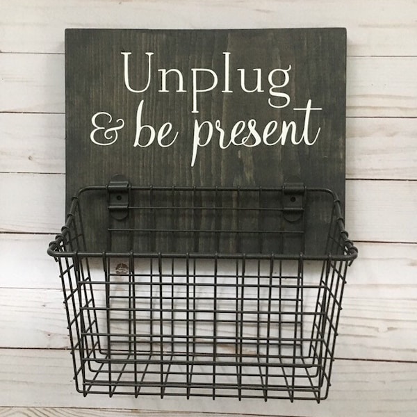 Unplug & Be Present phone basket | No Phone Rule wood sign with attached basket | Dining Room - Kitchen Humor