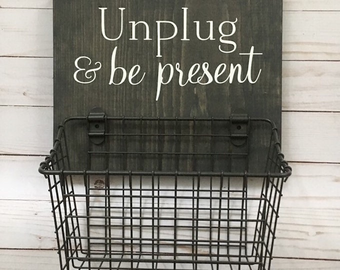 Unplug & Be Present phone basket | No Phone Rule wood sign with attached basket | Dining Room - Kitchen Humor