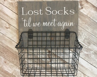 Lost Socks ‘til we meet again | wood sign with attached basket | Laundry Room Decor | Laundry Organization