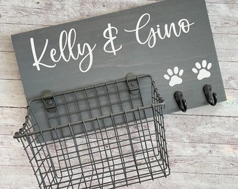 Custom Dog Leash Holder and Basket Wall Sign Combo |  Quote or Dog Name sign with basket and leash hooks | Wall Dog Leash Hooks