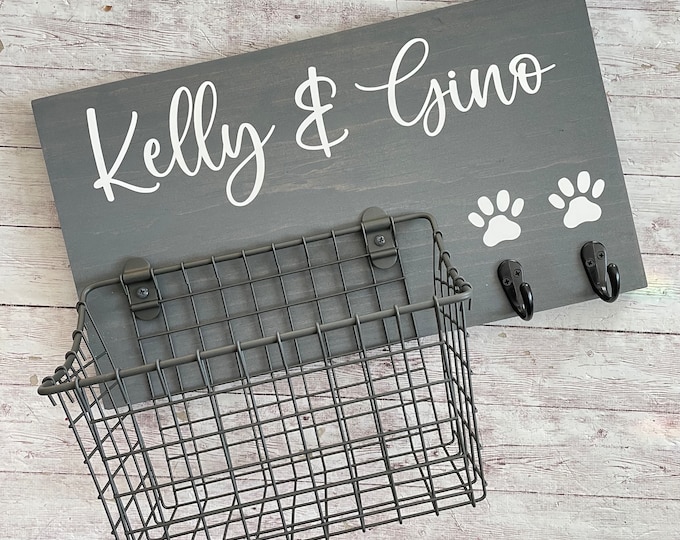 Custom Dog Leash Holder and Basket Wall Sign Combo |  Quote or Dog Name sign with basket and leash hooks | Wall Dog Leash Hooks