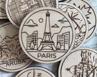 Paris Travel Token or Magnet | Wood State, City, Landmark, National Parks, or Country Collector Tokens | Travel Tracking Token