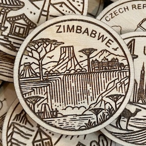 Jeton ou aimant de voyage du Zimbabwe Afrique de Zazzle.be Liste d'envies Vous avez des idées ? Jetons de collection pour l'état, la ville, le monument, les parcs nationaux ou le pays du bois | Jeton de suivi de voyage