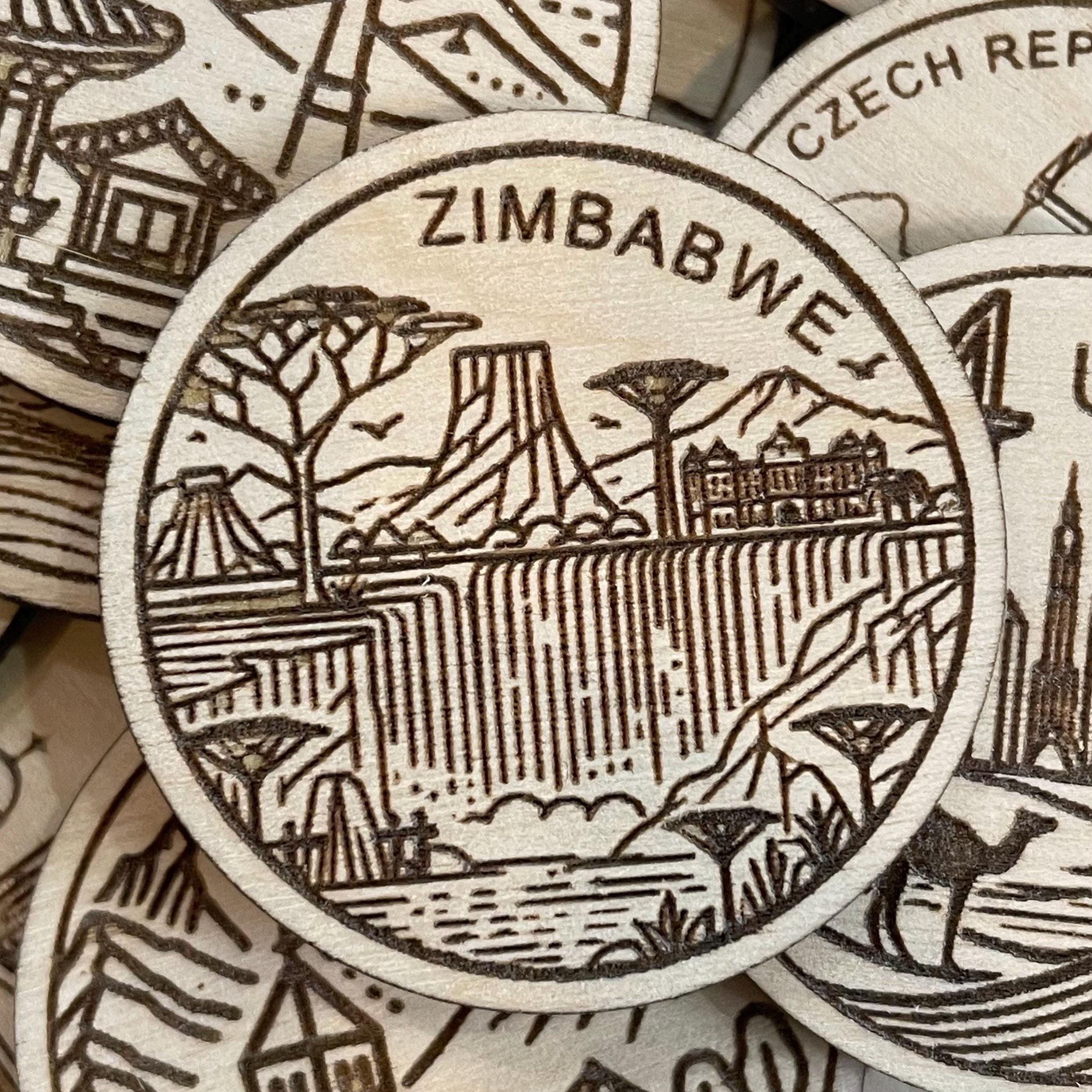 Zimbabwe Africa Travel Token or Magnet or Ornament: Engraved Wood