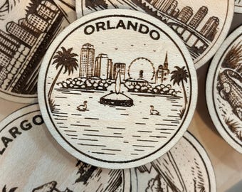 Orlando Travel Token or Magnet or Ornament: Engraved Wood Destination World Traveler Collector Souvenir