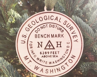 Mt. Washington Bench Mark Ornament | NH Hiker Ornament | New Hampshire Mountains | Hiking Souvenir | Hiking Gift Idea