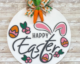 Happy Easter 16 inch Round Door Hanger | Easter Bunny Decor | Spring Easter Sign | Pastel Decor | Easter Bunny Carrot Decoration