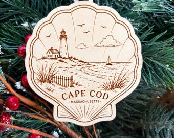 Cape Cod, Massachusetts Ornament: Engraved Wood Destination Souvenir