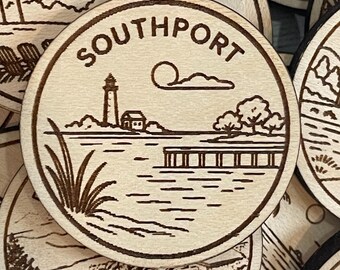 Southport Travel Token or Magnet or Ornament: Engraved Wood Destination World Traveler Collector Souvenir