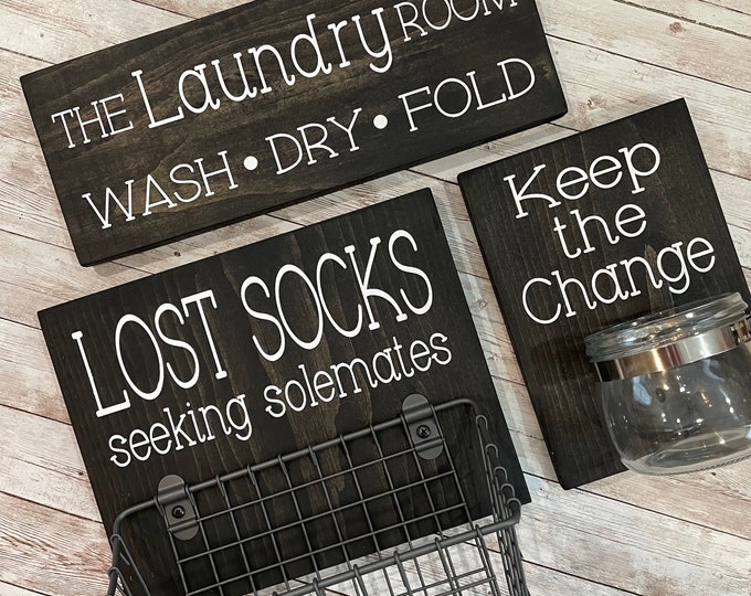Laundry Room Sign Trio |  Lost Socks Basket AND Keep the Change Coin Jar AND The Laundry Room Sign | Laundry Room Decor | Color Pop Series