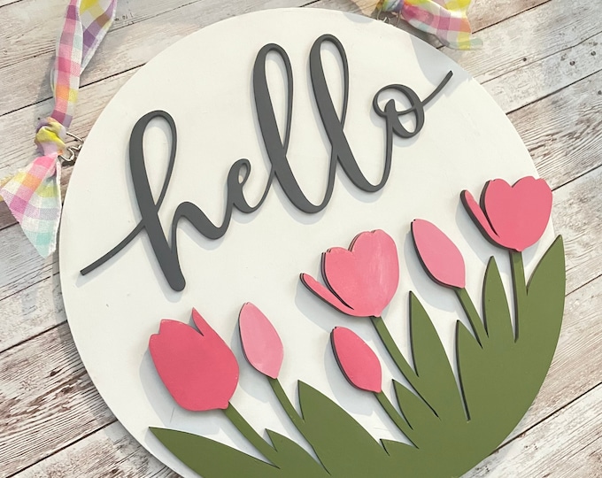 Hello Spring Tulip Sign 12” / 16” / 18” Round Wood Sign | Spring Door Idea | Front door Hello Sign | Tulip Door Sign