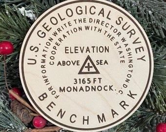 Mt. Monadnock Bench Mark Birch Wood Ornament: NH Hiker Gift