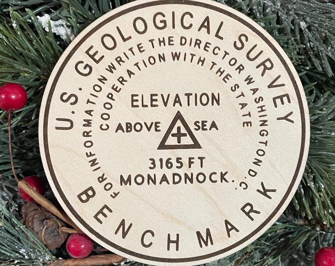 Mt. Monadnock Bench Mark Birch Wood Ornament: NH Hiker Gift
