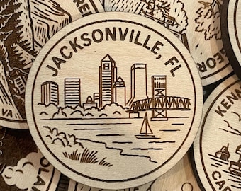 Jacksonville, FL Travel Token or Magnet or Ornament: Engraved Wood Destination World Traveler Collector Souvenir