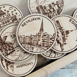Reykjavik Travel Token oder Magnet | Holzbundesstaat, Stadt, Wahrzeichen, Nationalparks oder Landtoken | Travel Tracking Token