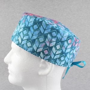 Blue and Pink Ribbon Tieback Scrub Hat, Surgical Cap, Chefs Hat, Head Cover Cap with Terry Cloth Sweatband and/or Buttons Options