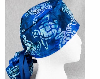 Blue Turtles Ponytail Scrub Hat, Surgical Scrub Cap, Chefs Hat, Headgear for Longer Hair with Sweatband and/or Buttons Options