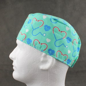 Stethoscope hearts Hook&Loop surgical hat, scrub hat, chefs hat, head cover cap with options for Terry Cloth Sweatband and/or Buttons