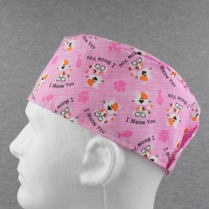 Pink Cat Love Hook&Loop surgical hat, scrub hat, chefs hat, head cover cap with options for Terry Cloth Sweatband and/or Buttons
