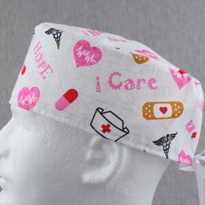 Nursing ribbon tieback scrub hat, surgical hat, chefs hat, head cover cap with options for Terry Cloth Sweatband and/or Buttons