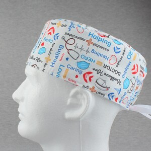 Nurse Appreciation ribbon tieback scrub hat, surgical hat, chefs hat, head cover cap with Terry Cloth Sweatband and/or Buttons Options