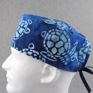 Blue Turtles ribbon tieback scrub hat, surgical hat, chefs hat, head cover cap with options for Terry Cloth Sweatband and/or Buttons