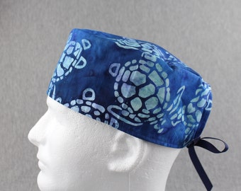 Blue Turtles ribbon tieback scrub hat, surgical hat, chefs hat, head cover cap with options for Terry Cloth Sweatband and/or Buttons