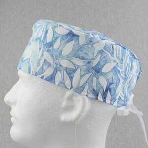 Blue and white foliage tieback scrub hat, surgical hat, chefs hat, head cover cap with options for Terry Cloth Sweatband and/or Buttons
