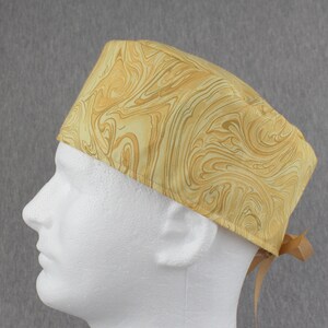 Brown cream marbleicious ribbon tieback scrub hat, surgical cap with options for Terry Cloth Sweatband and/or Buttons