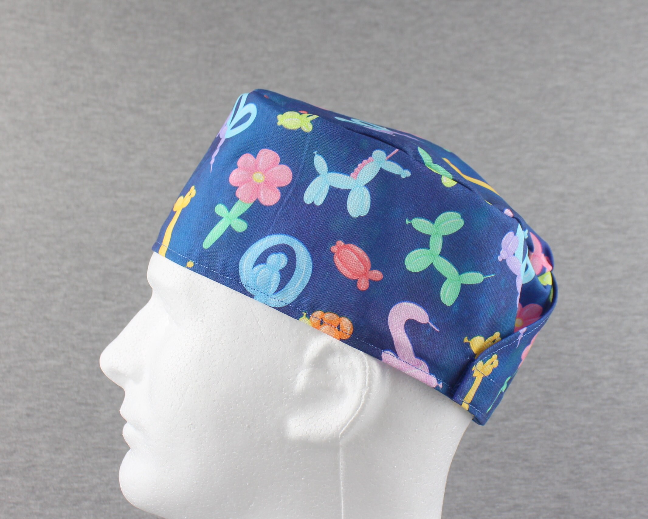 Balloon animals Hook&Loop surgical hat, scrub hat, chefs hat, head cover cap with options for Terry Cloth Sweatband and/or Buttons