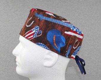 Cowboy Flag Ribbon Tieback Scrub Hat, Sombrero quirúrgico, Sombrero de chefs, Gorra de cubierta para la cabeza con Terry Cloth Sweatband y / o botones Opciones