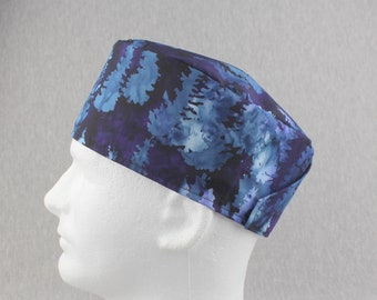 Blue trees Hook&Loop surgical hat, scrub hat, chefs hat, head cover cap with options for Terry Cloth Sweatband and/or Buttons