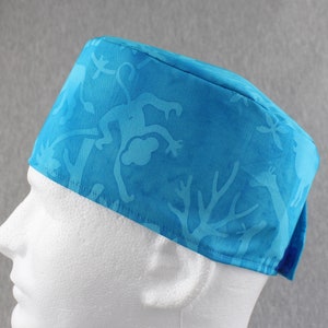 Blue wild animals tieback scrub hat, surgical hat, chefs hat, head cover cap with options for Terry Cloth Sweatband and/or Buttons