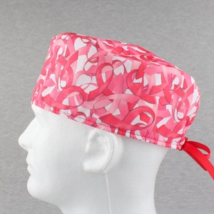 Ribbon awareness ribbon tieback scrub hat, surgical hat, chefs hat, head cover cap with Terry Cloth Sweatband and/or Buttons Options