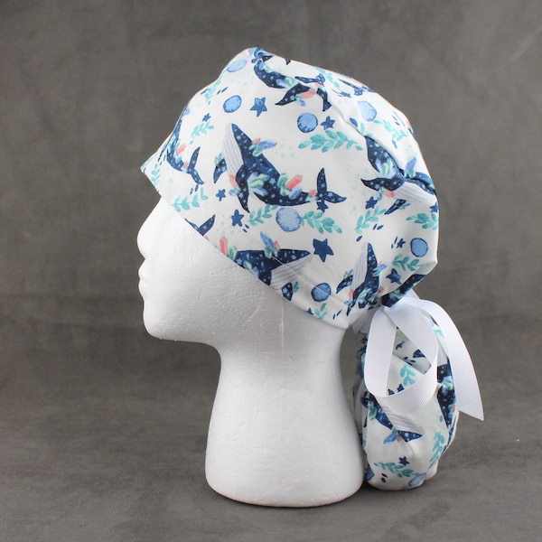 Whales and crystals Ponytail Scrub Hat, Surgical Scrub Cap, Chefs Hat, Headgear for Longer Hair with Sweatband and/or Buttons Options