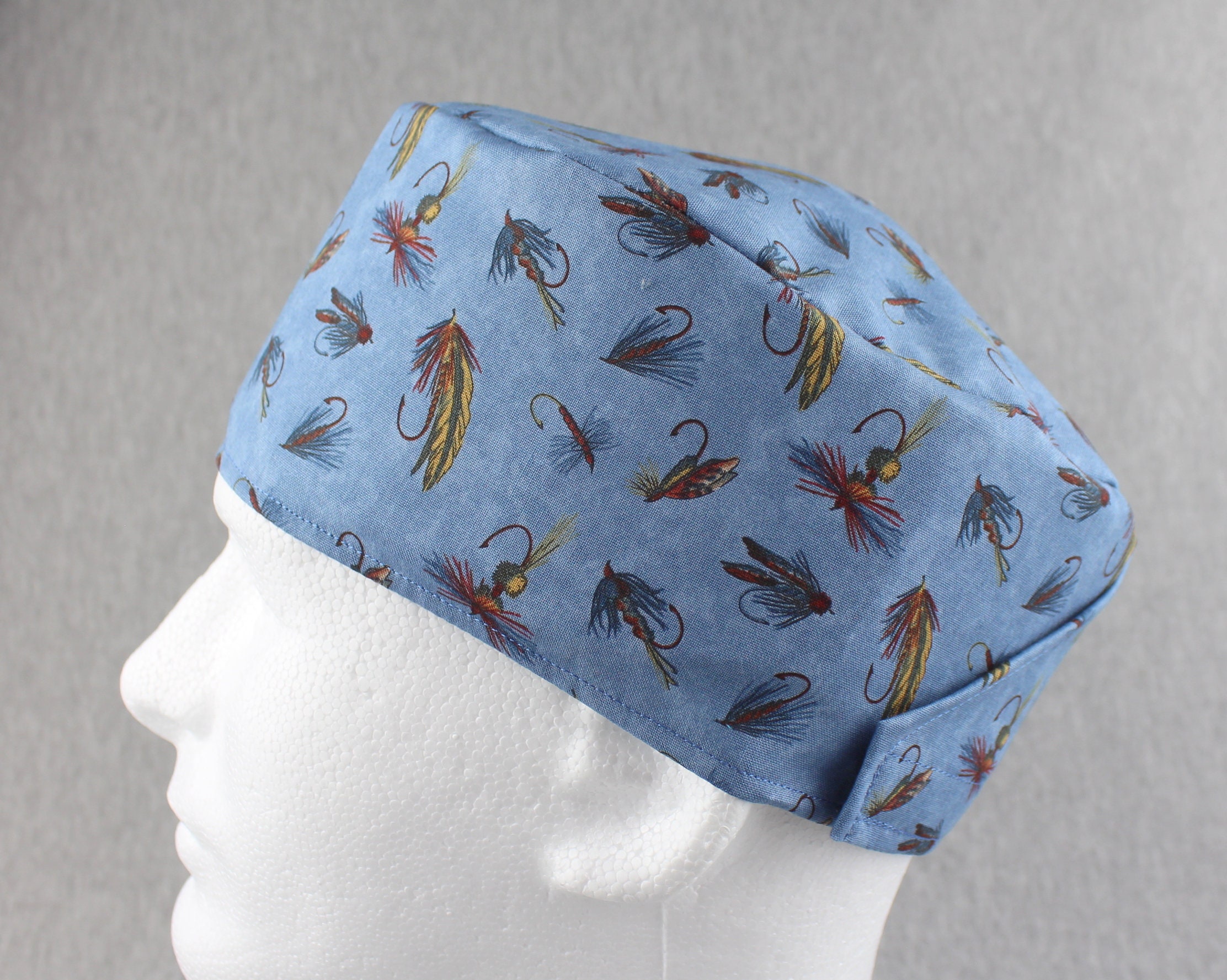 Blue Fly Fishing Flies Hook&loop Surgical Hat, Scrub Hat, Chefs Hat, Head  Cover Cap With Options for Terry Cloth Sweatband And/or Buttons 