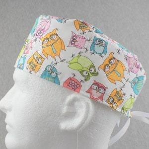 Colorful owls ribbon tieback scrub hat, surgical hat, chefs hat, head cover cap with options for Terry Cloth Sweatband and/or Buttons