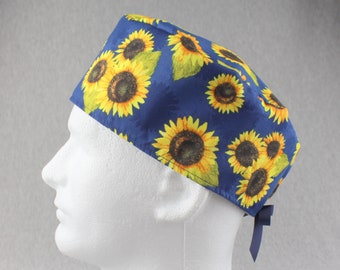 Sunflowers tieback scrub hat, surgical hat, chefs hat, head cover cap with options for Terry Cloth Sweatband and/or Buttons