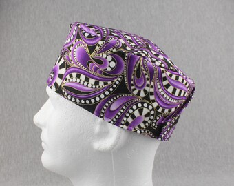 Purple paisley Hook&Loop surgical hat, scrub hat, chefs hat, head cover cap with options for Terry Cloth Sweatband and/or Buttons