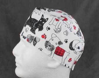 Mens/Womens Scrub Hat, Cartoon Dog, surgical cap, head cover or skull cap with a Hook&Loop closure and Sweatband and/or Button Option