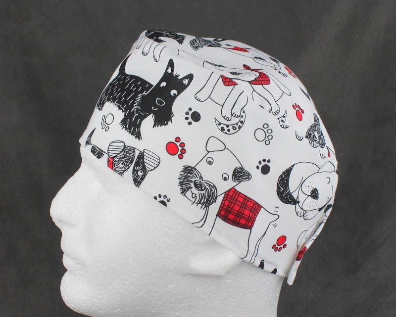 Mens/Womens Scrub Hat, Cartoon Dog, surgical cap, head cover or skull cap with a Hook&Loop closure and Sweatband and/or Button Option