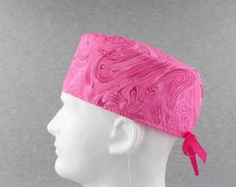 Pink Marbelicious ribbon tieback scrub hat, surgical hat, chefs hat, head cover cap with Terry Cloth Sweatband and/or Buttons Options