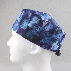 Blue trees ribbon tieback scrub hat, surgical hat, chefs hat, head cover cap with options for Terry Cloth Sweatband and/or Buttons