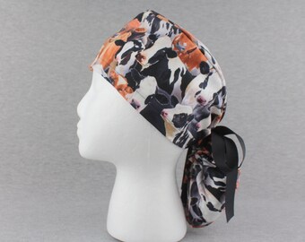 Cows Cows Cows Ponytail Scrub Hat, Surgical Scrub Cap, Chefs Hat, Headgear for Longer Hair with Sweatband and/or Buttons Options