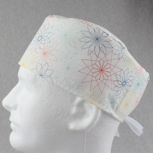 Flowers ribbon tieback scrub hat, surgical, chefs hat, head cover with options for Terry Cloth Sweatband and/or Buttons