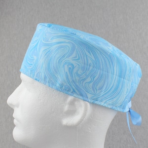 Blue marblelicious tieback scrub hat, surgical hat, chefs hat, head cover cap with options for Terry Cloth Sweatband and/or Buttons