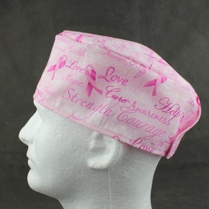 Pink ribbon awareness Hook&Loop surgical hat, scrub hat, chefs hat, head cover cap with options for Terry Cloth Sweatband and/or Buttons