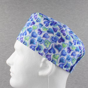 Blue and Green Hearts Hook&Loop surgical hat, scrub hat, chefs hat, head cover cap with options for Terry Cloth Sweatband and/or Buttons