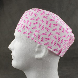 Pink Ribbon awareness Hook&Loop surgical hat, scrub hat, chefs hat, head cover cap with options for Terry Cloth Sweatband and/or Buttons