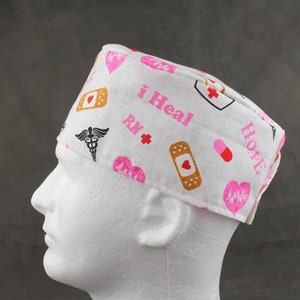 Nurse medical symbols Hook&Loop surgical hat, scrub hat, chefs hat, head cover cap with options for Terry Cloth Sweatband and/or Buttons